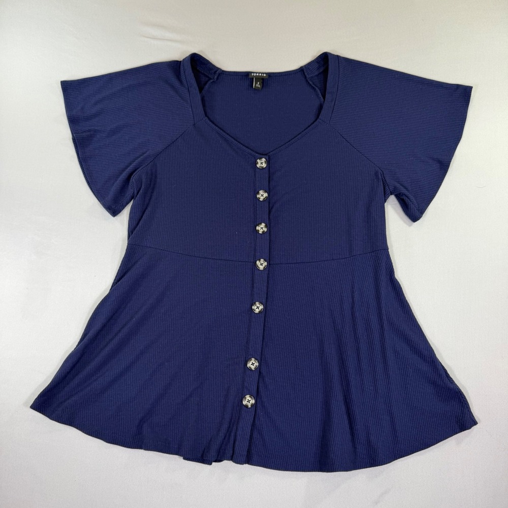Torrid Ribbed Knit Top Navy Blue Babydoll Button Front Flutter Sleeve Size 2